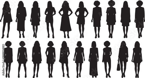 Collection of female silhouettes in various poses and outfits