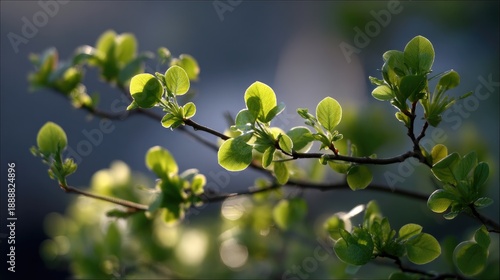 Close-Up of Fresh Green Leaves on a Sunlit Branch in Nature
