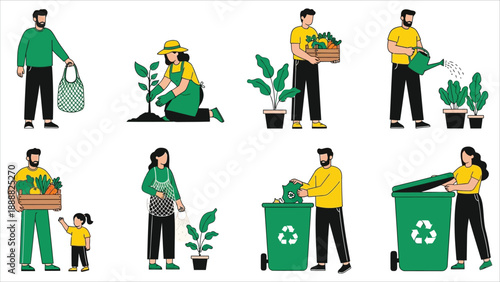 People engaging in eco-friendly and sustainable activities,.eps