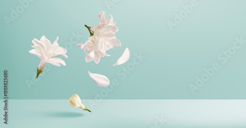 Creative art collage of flying white lilac flowers and petals isolated on green background. Concept of spring nature, organic beauty, floral perfume aroma and bio skincare.