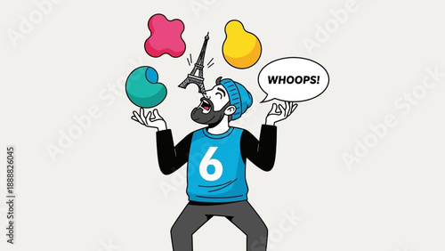 Man Juggles Objects with Surprised Expression.