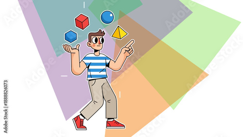 Man Juggling Balls and Geometric Shapes.
