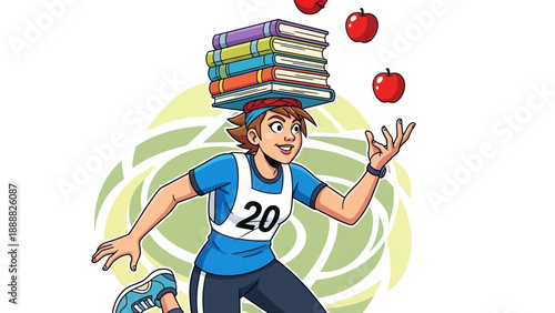 Man Juggling Books and Apples in Cartoon.