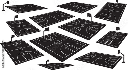 Multiple Basketball Courts with Floodlights on White Background Illustration