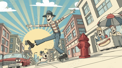 Man Kicking Leg High in City Street.