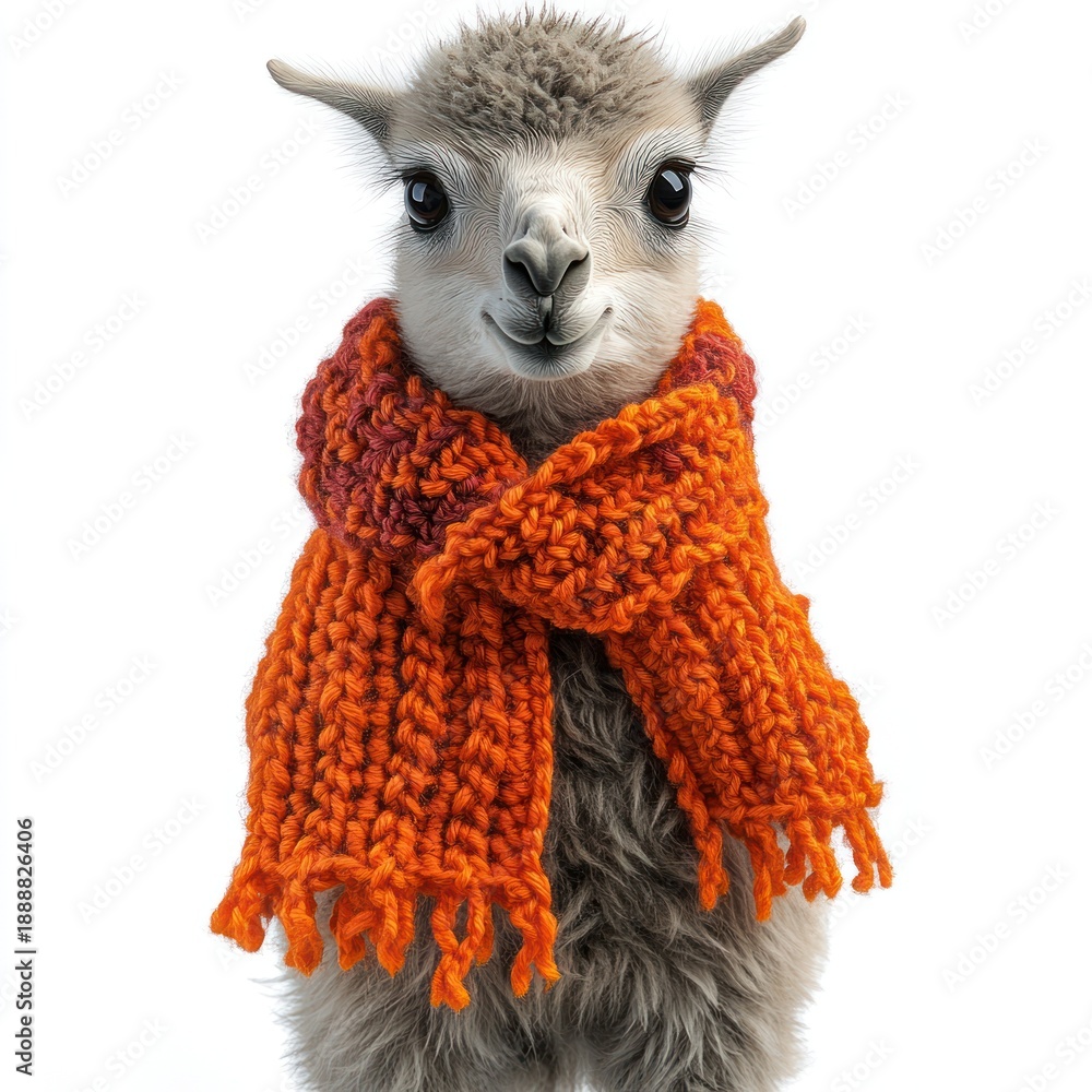 Obraz premium A joyful alpaca in an orange scarf shows a cute, playful expression