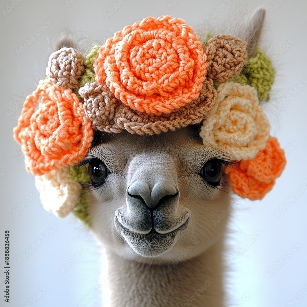 Fototapeta premium Alpaca adorned with a handmade floral crown brightens up the cozy indoor space