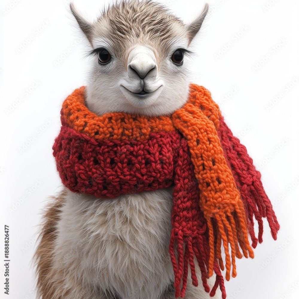 Naklejka premium This adorable llama showcases its warm, colorful scarf while radiating happiness