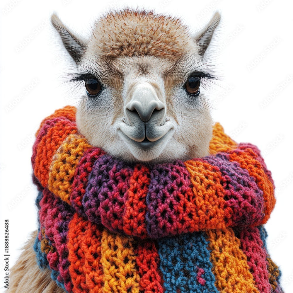 Fototapeta premium A cheerful llama displays a vibrant scarf, showcasing a playful spirit and charm