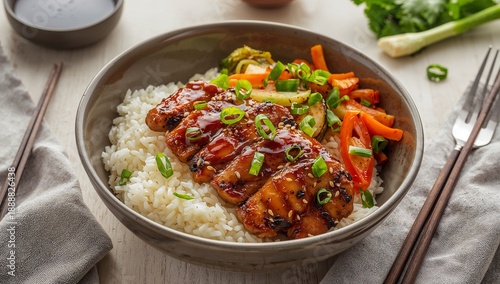 Teriyaki chicken rice bowl with glazed chicken slices, steamed rice, light sesame aroma, balanced portions, clean presentation highlighting modern Asian comfort food appeal