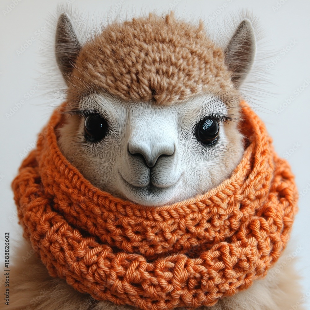 Fototapeta premium A charming alpaca wears a handmade orange scarf, radiating happiness and warmth