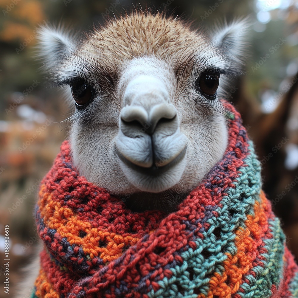 Fototapeta premium A charming llama in a scarf wins hearts with its gaze in fall colors