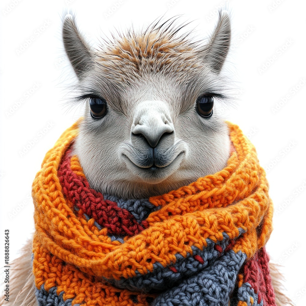 Fototapeta premium A delightful llama is showcasing a vibrant scarf, spreading warmth and cheer