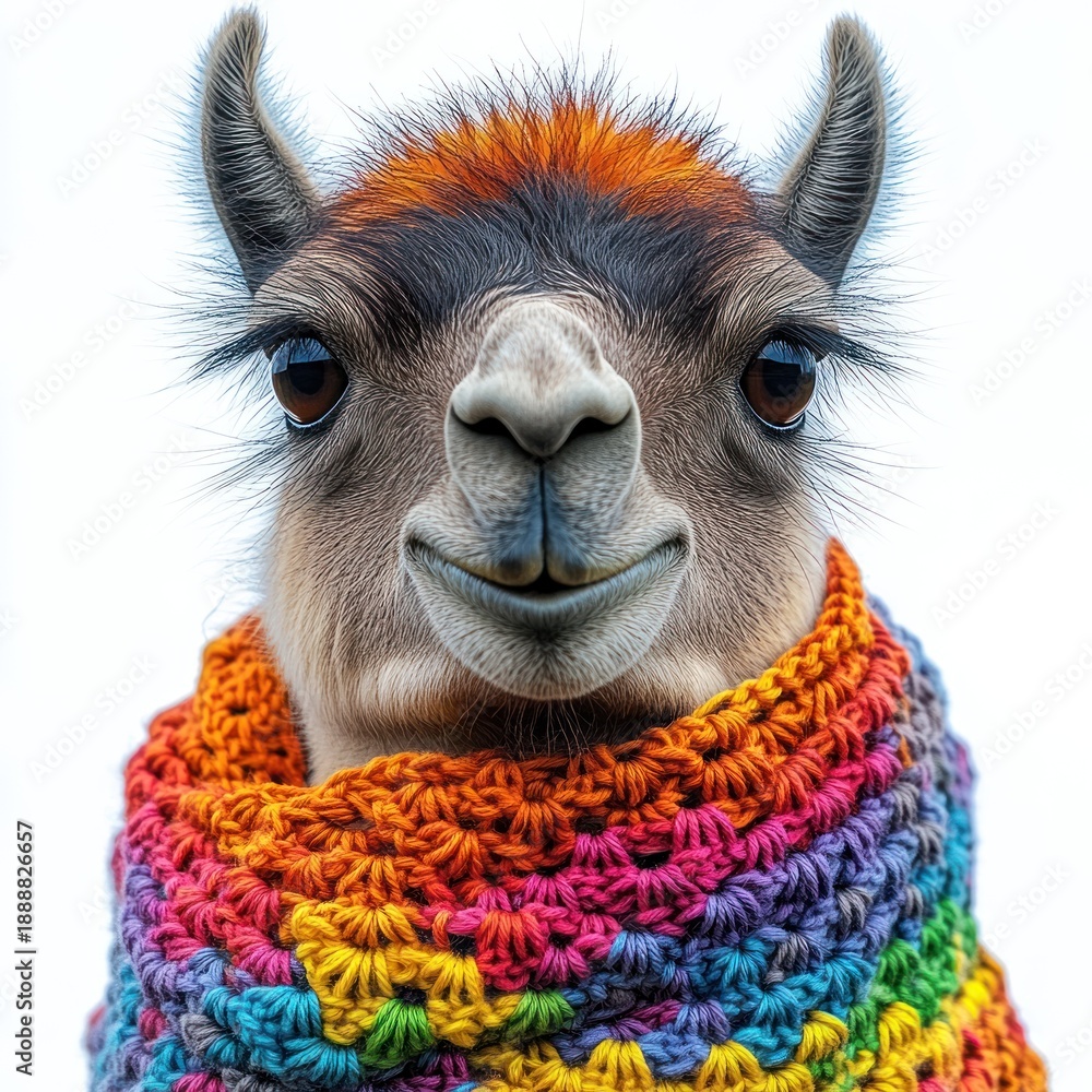 Fototapeta premium A cheerful llama showcases a bright crochet scarf while posing warmly for onlookers