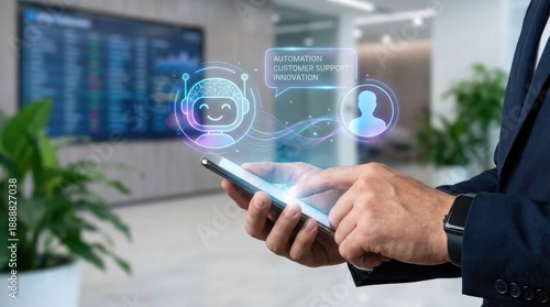 Businessman using smartphone with AI chatbot interface displaying automation customer support and innovation concepts