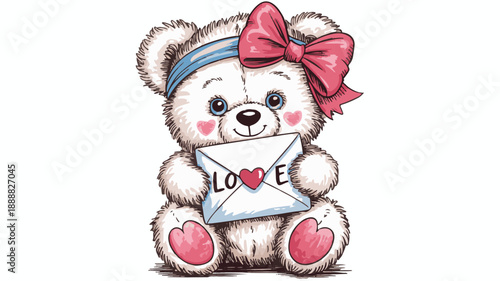 Adorable cartoon teddy bear with a pink bow holding a love letter cute animal