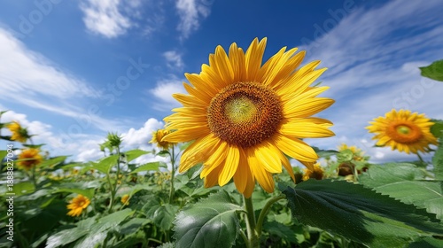Vibrant Sunflower Under Clear Blue Sky in Lush Green Field