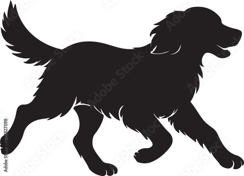 A simple black silhouette of a golden retriever in a walking pose