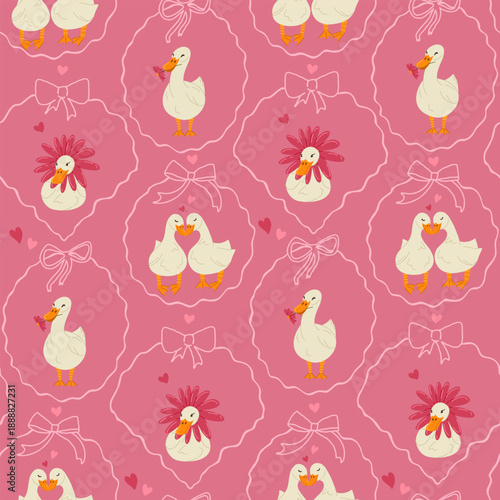 Cute geese in love seamless pattern. Coquette goose, ducks print for Valentine's Day. Whimsical vector hand drawn cartoon illustration for design, fabric, packaging, wallpaper, wrapping paper