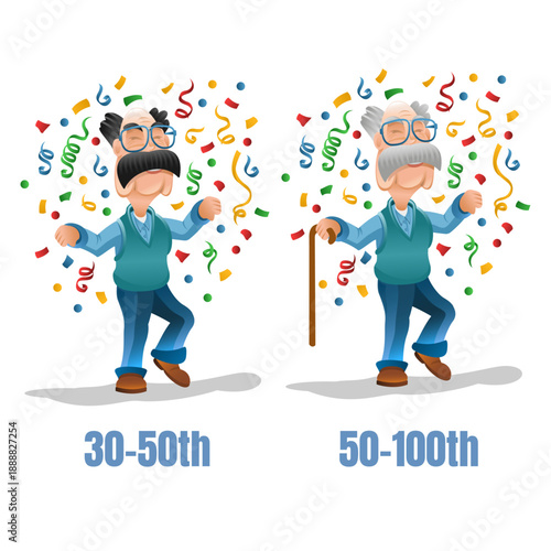 the same man at different stages of life, middle age and old age celebrating his birthday. Vector illustration of an adult man and an elderly man dancing among confetti
