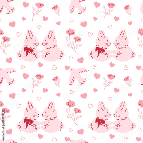 Seamless pattern with cute kawaii bunny couples, hearts, pigeons and flowers. Romantic repeating background in pastel pink tones. Vector hand drawn illustration for wrapping paper, fabric, wallpaper
