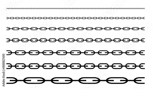 Black chains of different size. Set of  metal chains. Chain vector illustration. Chain brush set. Chain pattern. Chain links, color black, flat style. Vector illustration.