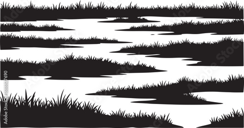 Black and white illustration of grassy landscape with water