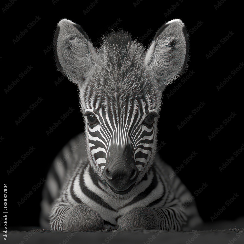 Fototapeta premium A delightful baby zebra gazes curiously while lying down, showcasing its striking stripes