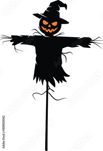 Halloween scarecrow, spooky silhouette, jack-o'-lantern face, witch hat, glowing eyes, tattered outfit, straw details, creepy, festive, autumn, horror, scary, haunted, seasonal, decoration, 