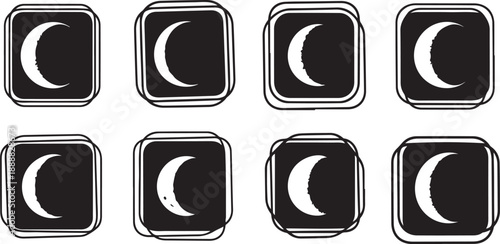 Crescent Moon Phases in Black and White Icons Set