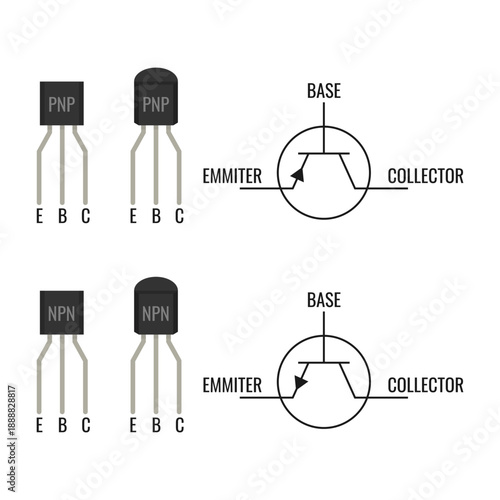 NPN and PNP transistor vector set. Bipolar junction transistor BJT schematic symbols and component diagrams for electrical engineering diagrams, circuit prototyping guides, documentation, tutorials