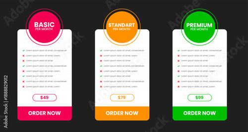 Professional ThreeTier Subscription Pricing Plan Comparison Table with Basic, Standard, and Premium Options featuring Vibrant Pink, Orange, and Green Color Schemes on a Modern Dark Background