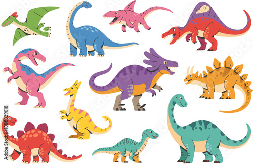 Cartoon dinosaurs, colorful creatures, prehistoric animals, flying reptiles, friendly expressions, kids illustration, educational, playful, cute, fun, Jurassic, Triassic, Cretaceous, dinosaur types,