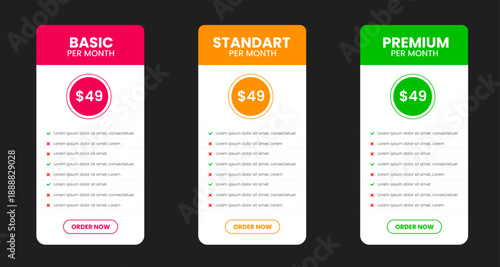 Professional ThreeTier Subscription Pricing Plan Comparison Table with Basic, Standard, and Premium Options featuring Vibrant Pink, Orange, and Green Color Schemes on a Modern Dark Background