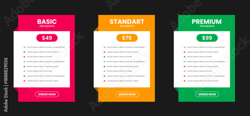 Professional ThreeTier Subscription Pricing Plan Comparison Table with Basic, Standard, and Premium Options featuring Vibrant Pink, Orange, and Green Color Schemes on a Modern Dark Background