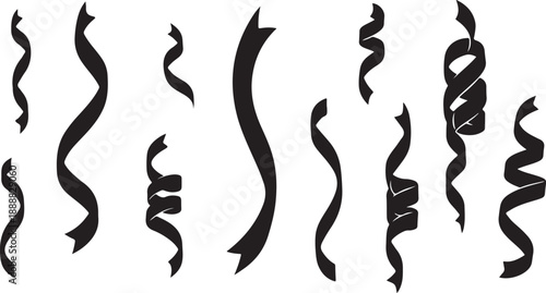 Collection of black swirly ribbons and curly streamers isolated