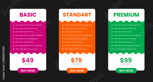 Professional ThreeTier Subscription Pricing Plan Comparison Table with Basic, Standard, and Premium Options featuring Vibrant Pink, Orange, and Green Color Schemes on a Modern Dark Background
