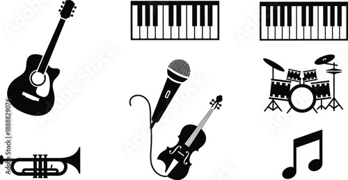 Musical Instruments Icons Set with Guitar, Piano, Microphone and Violin, Trumpet, Drums on White Background