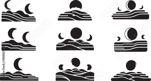 Black and white moon and sun landscape icons set