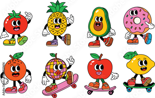 Cartoon fruits, food characters, anthropomorphic design, colorful shoes, expressive faces, skateboard, playful, kids illustration, fun, cute, vibrant, happy, tomato, pineapple, avocado, 