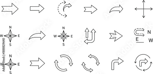 Navigation Arrows and Compasses on White Background