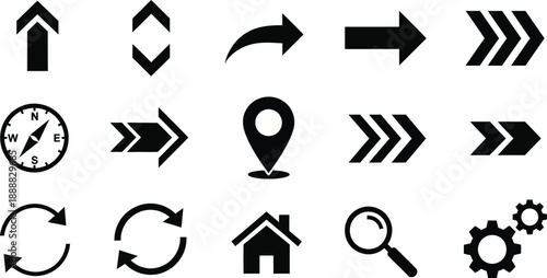 Navigation Icons Set with Arrows, Clock, Location Pin and House, Magnifying Glass and Gear Symbols