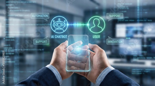 Hands holding transparent smartphone with AI chatbot and user interface artificial intelligence