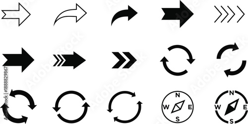 Black Arrows and Directional Symbols on White Background