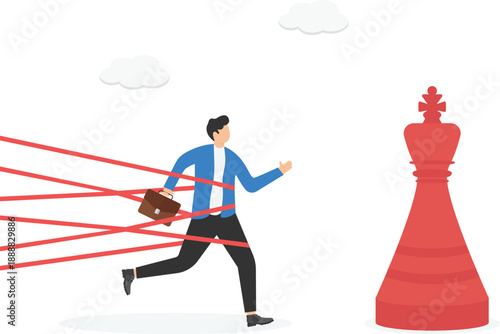 Businessman Trapped by Red Strings Trying to Reach Strategic Chess King Asset

