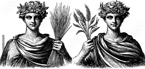 Allegorical figure representing agriculture with sheaf in vintage sketch for design