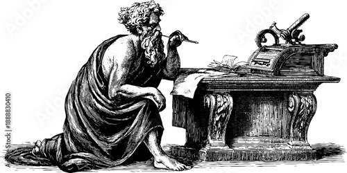 Allegorical figure of analysis seated at desk in vintage style for classic design