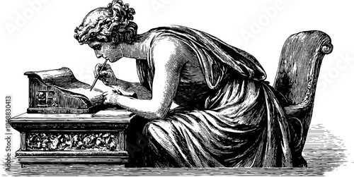 Allegorical figure of analysis seated at desk in vintage style for retro illustration design