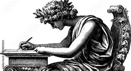Allegorical figure representing analysis seated at desk in vintage style engraving for art design