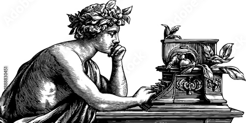 Allegorical figure of analysis seated at desk in vintage style for retro design